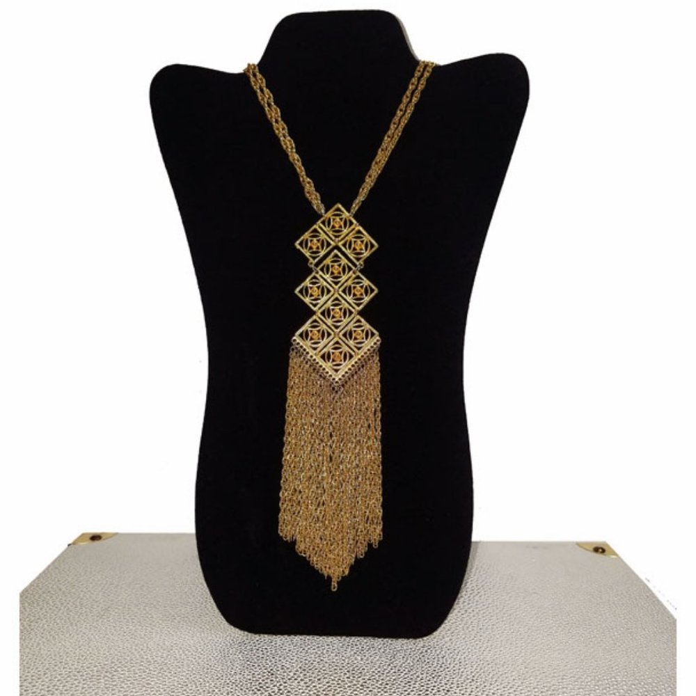 Vtg 70s Gold Chain Fringe Pendant Necklace